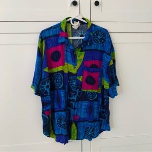 Plus Preferred Rayon Blue Purple 90s Pocket Button Shirt Size 22